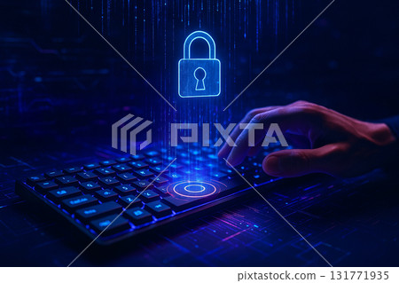 AI generated glowing lock hologram above keyboard symbolizing cybersecurity data protection secure access encryption privacy and digital technology safety 131771935
