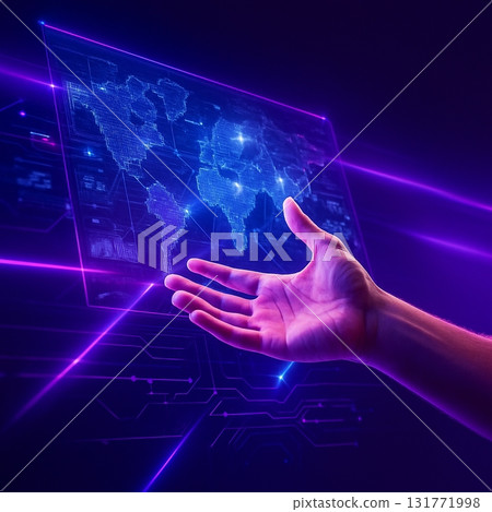 AI generated digital artwork of a human hand interacting with glowing holographic interface in purple blue tones symbolizing data connectivity and advanced technology AI generated digital artwork of a human hand interacting with glowing holographic interface in purple blue tones symbolizing data connectivity and advanced technology 131771998