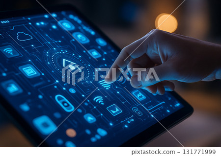 AI generated ultra realistic artwork of a human hand interacting with a glowing digital smart interface filled with futuristic icons representing technology connectivity and innovation AI generated ultra realistic artwork of a human hand interacting with a glowing digital smart interface filled with futuristic icons representing technology connectivity and innovation 131771999