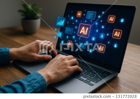 AI generated digital artwork showing hands typing on laptop with glowing AI holographic network symbols representing technology innovation and future creativity 131772028
