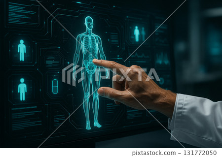 AI generated futuristic medical visualization showing doctor interacting with holographic human anatomy for healthcare technology and innovation AI generated futuristic medical visualization showing doctor interacting with holographic human anatomy for healthcare technology and innovation 131772050