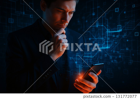 AI generated digital artwork showing businessman holding smartphone with glowing data network background symbolizing technology communication innovation and modern connectivity 131772077