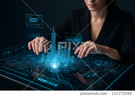AI generated image of woman interacting with holographic smart city model on digital interface table glowing in blue light symbolizing data control innovation and smart technology 131772098