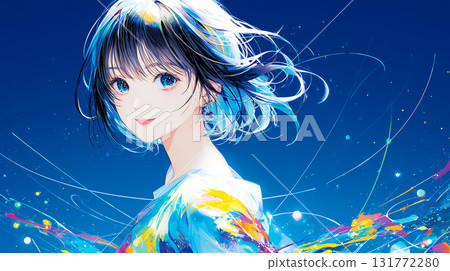 動漫風格：彩色墨水爆裂和微笑的女孩 131772280