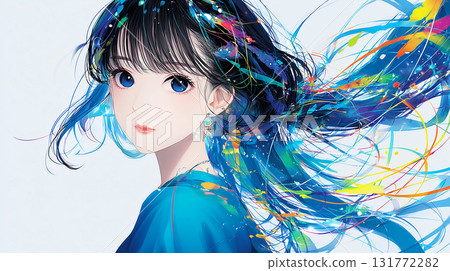 動漫風格：彩色墨水爆裂和微笑的女孩 131772282