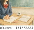 Over-the-shoulder scene of studying for exams (high school girl/notebook and timer) 131772283