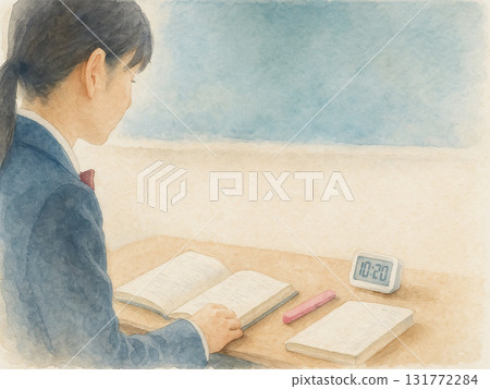 Over-the-shoulder scene of studying for exams (high school girl/notebook and timer) 131772284