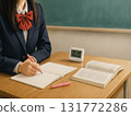 Over-the-shoulder scene of studying for exams (high school girl/notebook and timer) 131772286