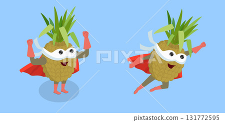 3D Isometric Flat Vector Illustration of Pineapple Hero, Humorous Superhero Cartoon Character Making Expressive Gestures In Mask and Costume 3D Isometric Flat Vector Illustration of Pineapple Hero, Humorous Superhero Cartoon Character Making Expressive Gestures In Mask and Costume 131772595