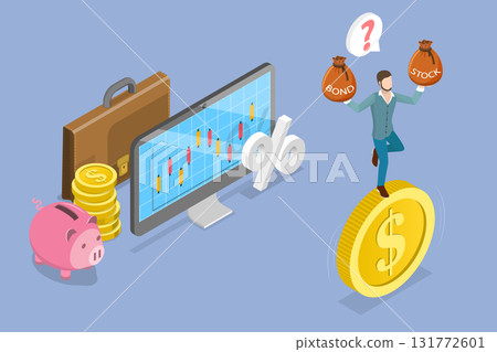 3D Isometric Flat Vector Illustration of Investment Opportunities, Balancing On Giant Dollar Coin, Deciding Between Stocks And Bonds 131772601