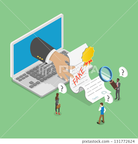 3D Isometric Flat Vector Illustration of Fake Detector, Inspector Authenticates Phony Document 131772624