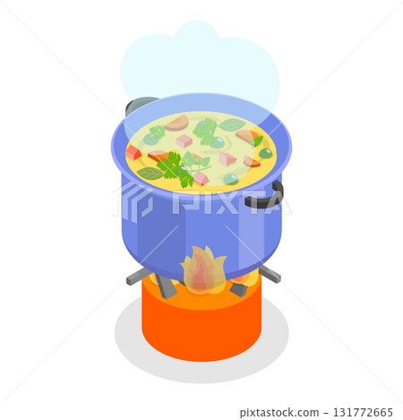 3D Isometric Flat Vector Set of Field Kitchen Elements, Cooking Food On Camp Stoves. Item 3 3D Isometric Flat Vector Set of Field Kitchen Elements, Cooking Food On Camp Stoves. Item 3 131772665