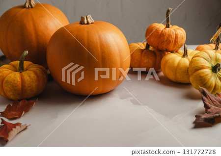 Group of orange pumpkins on bright background, abstract autumn, concept 131772728