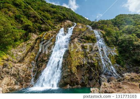 屋久島國立公園大古瀑布是日本百大瀑布之一，綠樹成蔭，天空蔚藍 131773103