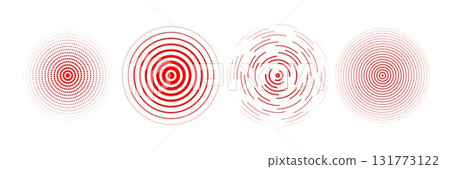 Red radial concentric circle set. Rippled, dashed and dotted rings pack for epicenter, target, radar, earthquake shockwave. Sound wave signal collection. Vector expansive vibration elements 131773122