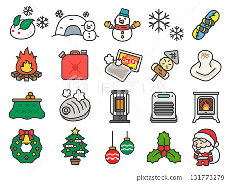 Winter season icon (line drawing color) illustration set Winter season icon (line drawing color) illustration set 131773279