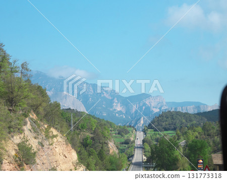 View from the bus heading from Barcelona to Andorra, mountain road, sunny day in May View from the bus heading from Barcelona to Andorra, mountain road, sunny day in May 131773318