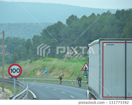 View from the bus heading from Barcelona to Andorra on the highway on a sunny day in May 131773392