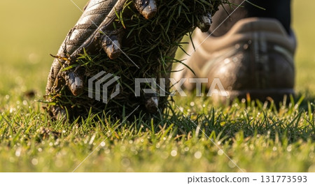 Athletic running shoe with grass stuck in sole treads after outdoor workout 131773593