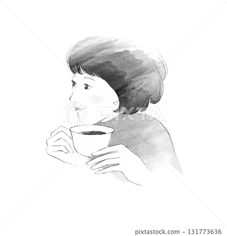 Monochrome illustration of a woman drinking coffee 131773636