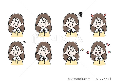 Cute female character with ruffle sleeves, set of facial expressions and poses 131773671