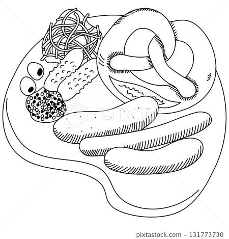 復古線條畫,盤子裡裝滿了與啤酒搭配的食物 復古線條畫,盤子裡裝滿了與啤酒搭配的食物 131773730