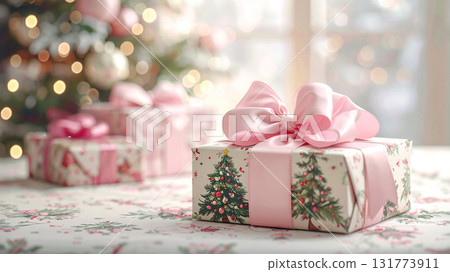 帶有淡粉色絲帶的可愛聖誕禮物 帶有淡粉色絲帶的可愛聖誕禮物 131773911
