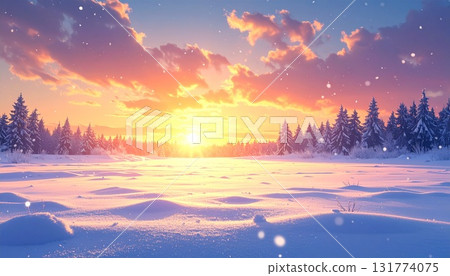 AI-generated landscape illustration of a snowy field and warm-hued sun AI-generated landscape illustration of a snowy field and warm-hued sun 131774075