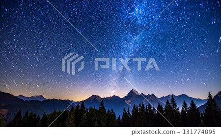 A glittering starry sky and silhouettes of mountains and forests A glittering starry sky and silhouettes of mountains and forests 131774095