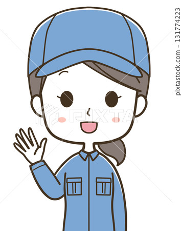 一位年輕女工舉手打招呼的上半身插圖 131774223