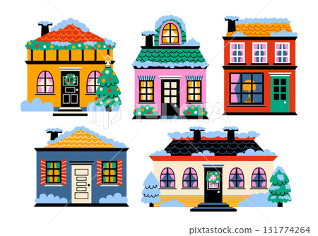 Winter holiday cute homes and Christmas houses in cartoon style. Buildings, feature decorated roofs, festive wreaths, illuminated windows. A cozy seasonal architectural composition for New Year cards. Winter holiday cute homes and Christmas houses in cartoon style. Buildings, feature decorated roofs, festive wreaths, illuminated windows. A cozy seasonal architectural composition for New Year cards. 131774264