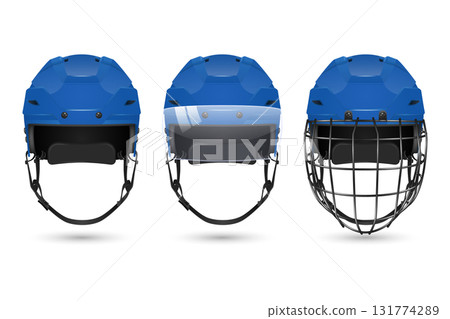 Vector 3d Realistic Hockey Helmet Set. Front View Blue Helmets, Plain, With Visor, with Cage. Clean Isolated on White For Ice Hockey Safety and Equipment Design. Hockey Helmet 131774289