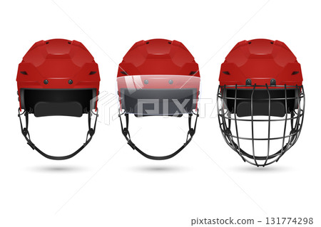 Vector 3d Realistic Hockey Helmet Set. Front View Red Helmets, Plain, With Visor, with Cage. Clean Isolated on White For Ice Hockey Safety and Equipment Design. Hockey Helmet Protection, Hockey Helmet 131774298