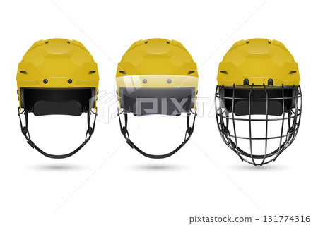 Vector 3d Realistic Hockey Helmet Set. Front View Yellow Helmets, Plain, With Visor, with Cage. Clean Isolated on White for Ice Hockey Safety and Equipment Design. Hockey Helmet Vector 3d Realistic Hockey Helmet Set. Front View Yellow Helmets, Plain, With Visor, with Cage. Clean Isolated on White for Ice Hockey Safety and Equipment Design. Hockey Helmet 131774316