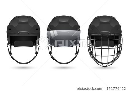 Vector 3d Realistic Hockey Helmet Set. Front View Black Helmets, Plain, With Visor, with Cage. Clean Isolated on White for Ice Hockey Safety and Equipment Design. Hockey Helmet 131774422