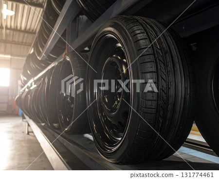 The car wheel rubber is on the shelf in the car garage 131774461