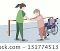 A color illustration of a caregiver holding an elderly person's hand and doing walking training in front of a handrail and wheelchair 131774513