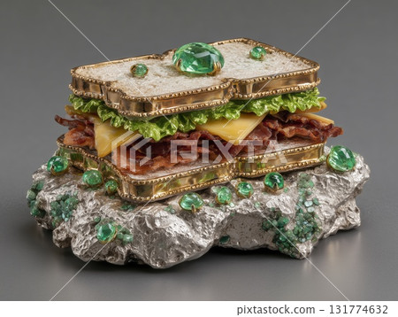 sandwich sculpture, bread forged from bronze, cheese stainless steel, lettuce emerald gemstone, metallic surface  131774632