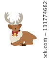 Cute vector illustration of a reindeer sitting and resting (Christmas ribbon bell) 131774682
