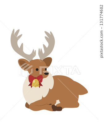 Cute vector illustration of a reindeer sitting and resting (Christmas ribbon bell) 131774682
