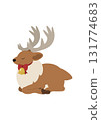 Cute vector illustration of a reindeer sitting and sleeping (Christmas ribbon bell) 131774683