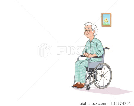 一位坐在輪椅上的老人靜靜地坐在醫院的候診室裡，他頭髮花白，臉上表情平靜，醫院內部明亮整齊。 131774705