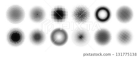Halftone radial gradient collection. Dotted textured round patterns. Comic faded circles background set. Pixelated element pack for frame, poster, collage, banner, flyer. Vector cartoon bundle Halftone radial gradient collection. Dotted textured round patterns. Comic faded circles background set. Pixelated element pack for frame, poster, collage, banner, flyer. Vector cartoon bundle 131775138