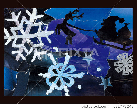 這是一幅拼貼畫，畫中聖誕老人駕著雪橇穿過飄落雪花的夜空。 131775243