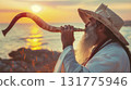 Jewish rabbi blows shofar. Yom Kippur.  131775946