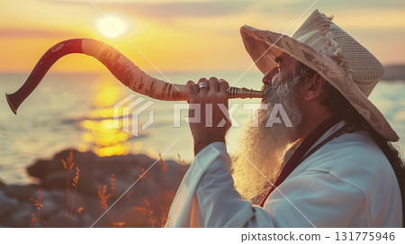 Jewish rabbi blows shofar. Yom Kippur.  131775946