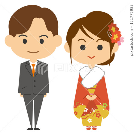 Illustration of a man in a suit and a woman in a furisode kimono 131775982