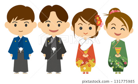 一名男子身穿羽織和袴,一名女子身穿振袖的插圖 一名男子身穿羽織和袴,一名女子身穿振袖的插圖 131775985