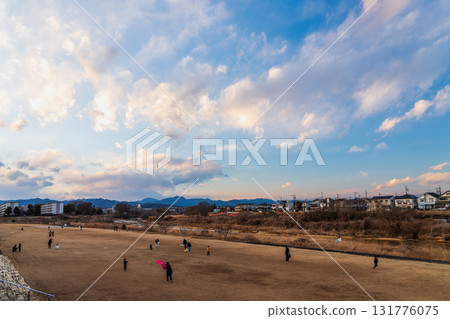 Family enjoying kite flying in the evening 131776075