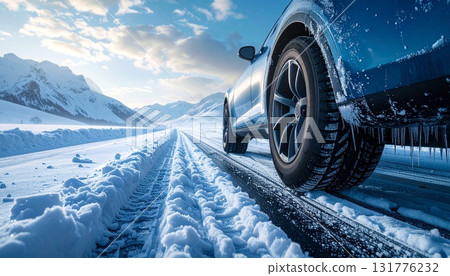 Cars driving on snowy roads - AI-generated material 131776232